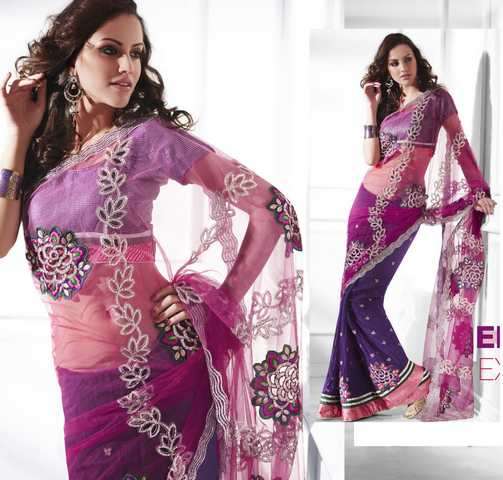 Lila und magenta Schatten faux Georgette net Saree